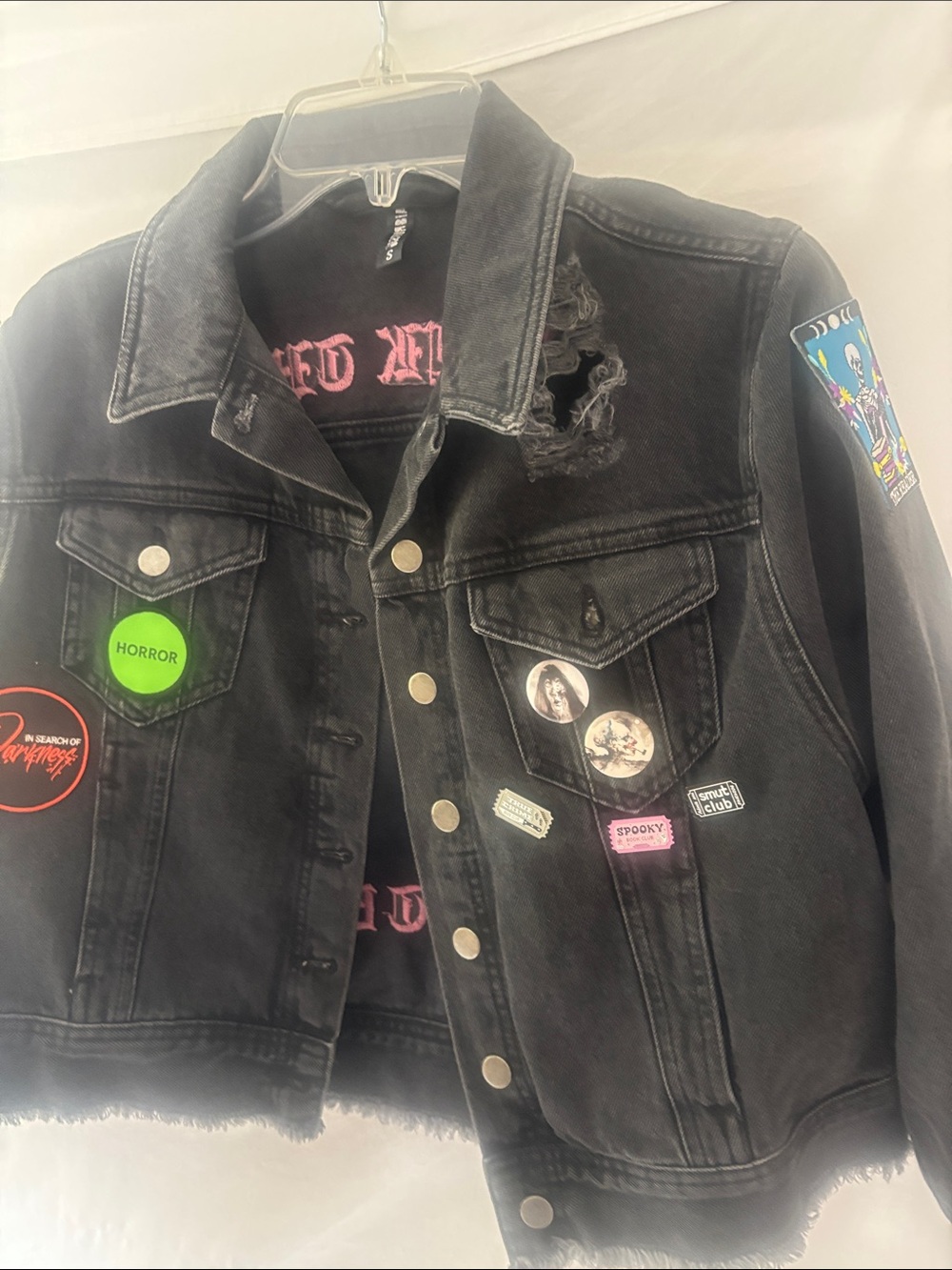 Disturbia Black Distressed Denim Jacket with Patch & Pin Accents. Great Shape.